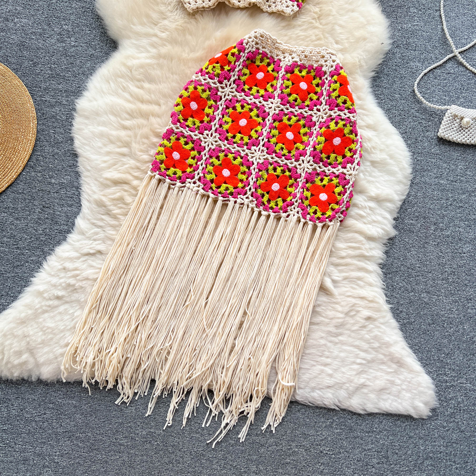 Two Piece Dress Hollow Out Bohemian Beach Sets Women Strap Floral Short Camisole+Sheer Long Skirt Knitted Vacation Two Pieces Suits 2024