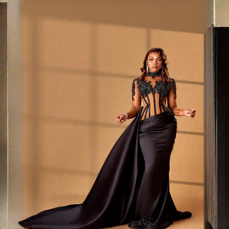 Long Sleeves Black Evening Dresses with Detachable Train Lace Appliqued Beaded Formal Party Gowns Prom Dress Aso ebi women beaded dresses