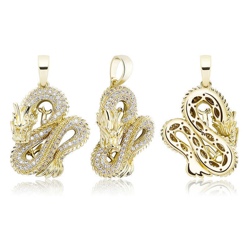 Wolf Tide Jewelry Chinese Style True Dragon Pendant Necklace Full Cubic Zirconia Animal Iced Out Real Gold Electroplated Personalized Hip Hop Necklace