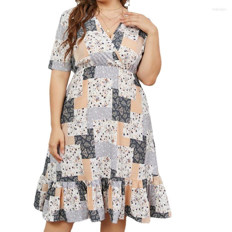 Plus Size Dresses Women Summer Mini Dress 2023 V-neck Short-sleeved High Waist Party Club Elastic