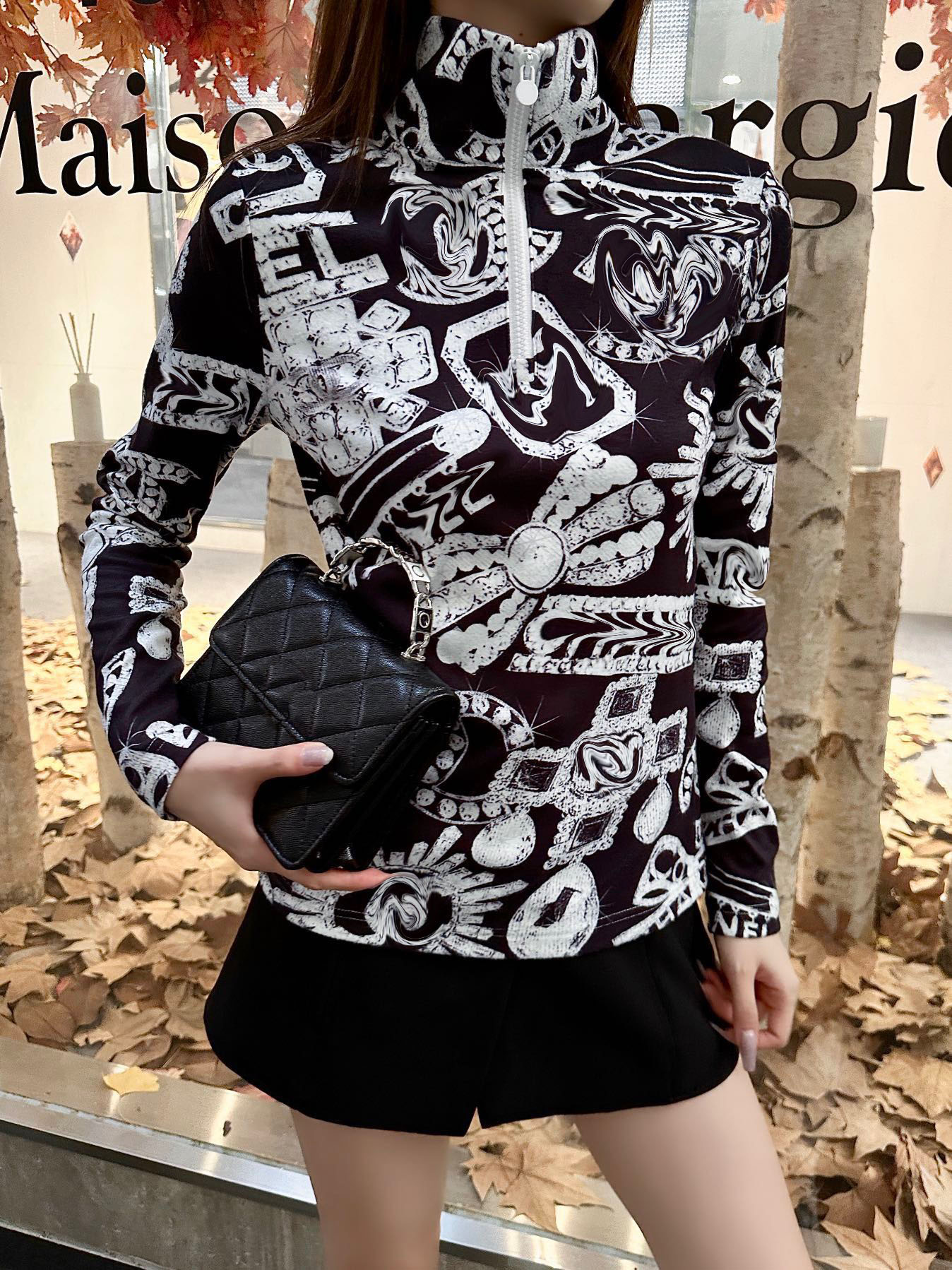 Fashion New Print Pattern Lady Turtleneck Tops Women's Long Sleeve Elegant Zip Up Female Tops