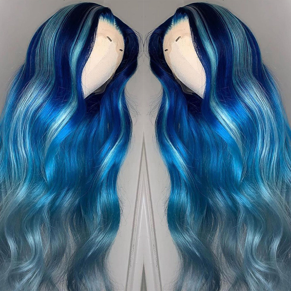 Long Soft Blue Lace Front Human Hair Wigs For Women Straight HD Transparent Lace Frontal Wig Synthetic Front Lace Wig PrePlucked