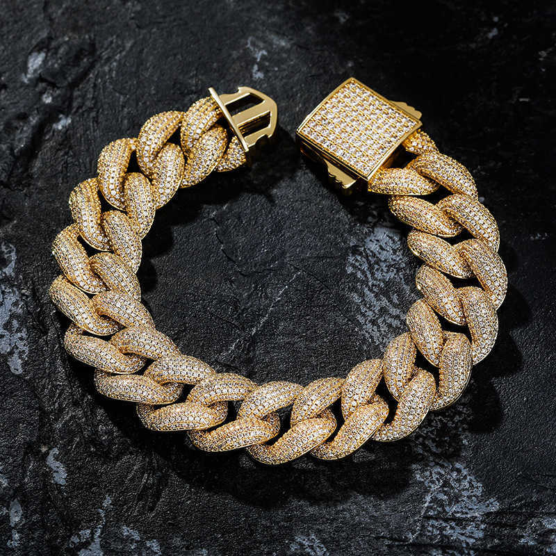 18mm Mens Hip Hop Cuban Link Chain Bracelet Spring Buckle Full Iced Out Cubic Zircon Curb Chains For Men 14K Real Gold Persoalized Party Wolf Tide Jew