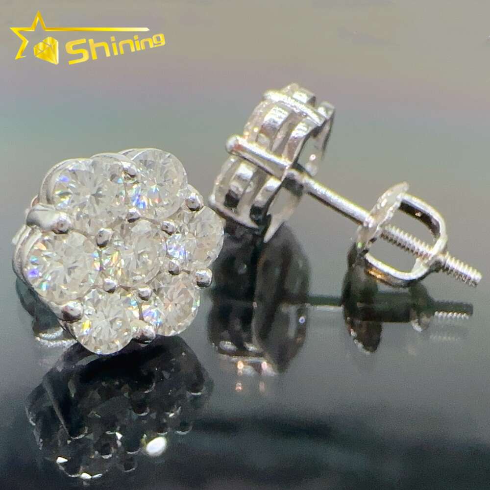 Iced out cluster lab dia screw back sier flower vvs moissanite stud earrings for men women