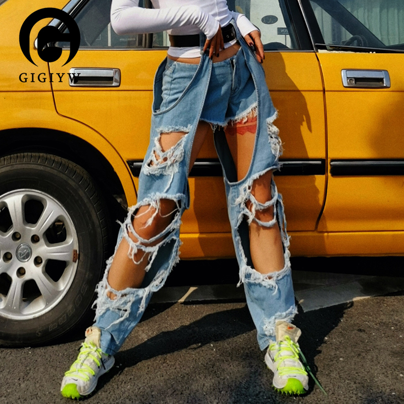 Women's Jeans GIGIYW Harajuku Style Personalized Belt Leggings Broken Beggar Hole High Waist Twopiece Street Jean Autumn 230419