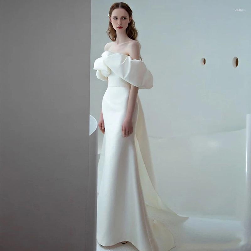 Casual Dresses White Sexy Slash Neck Evening Dress Tierred Bridal Wedding French Satin Mermaid Formal Party Women Chest Wrap