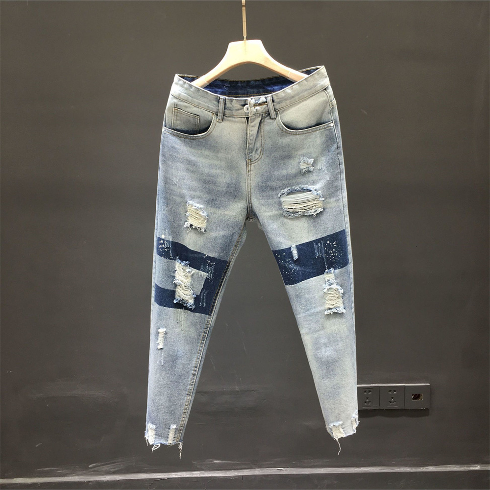 Mens Jeans Holes And Women Summer High Waist Thin Color Loose Straight Denim Anklelength Harem Pants 230419