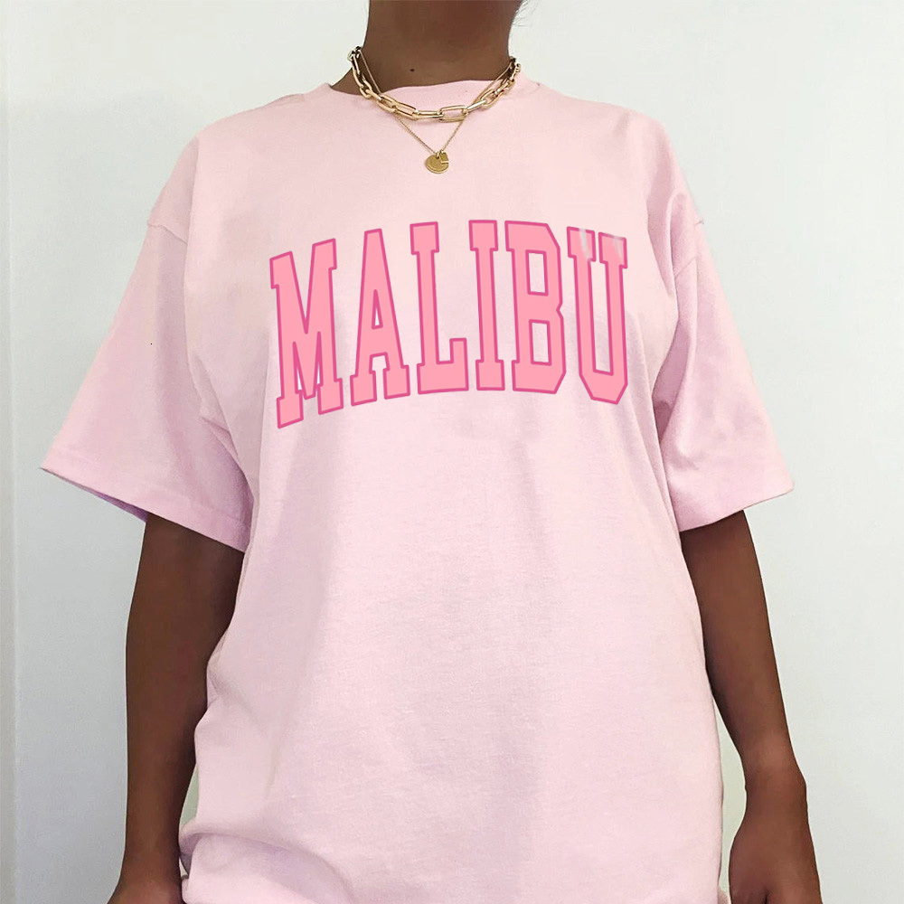 Womens TShirt Malibu Women Pink Short Sleeve T shirts Retro Style Loose Cotton Crewneck Summer Tops Tees Ins Fashion Letters Printing Shirts 230419