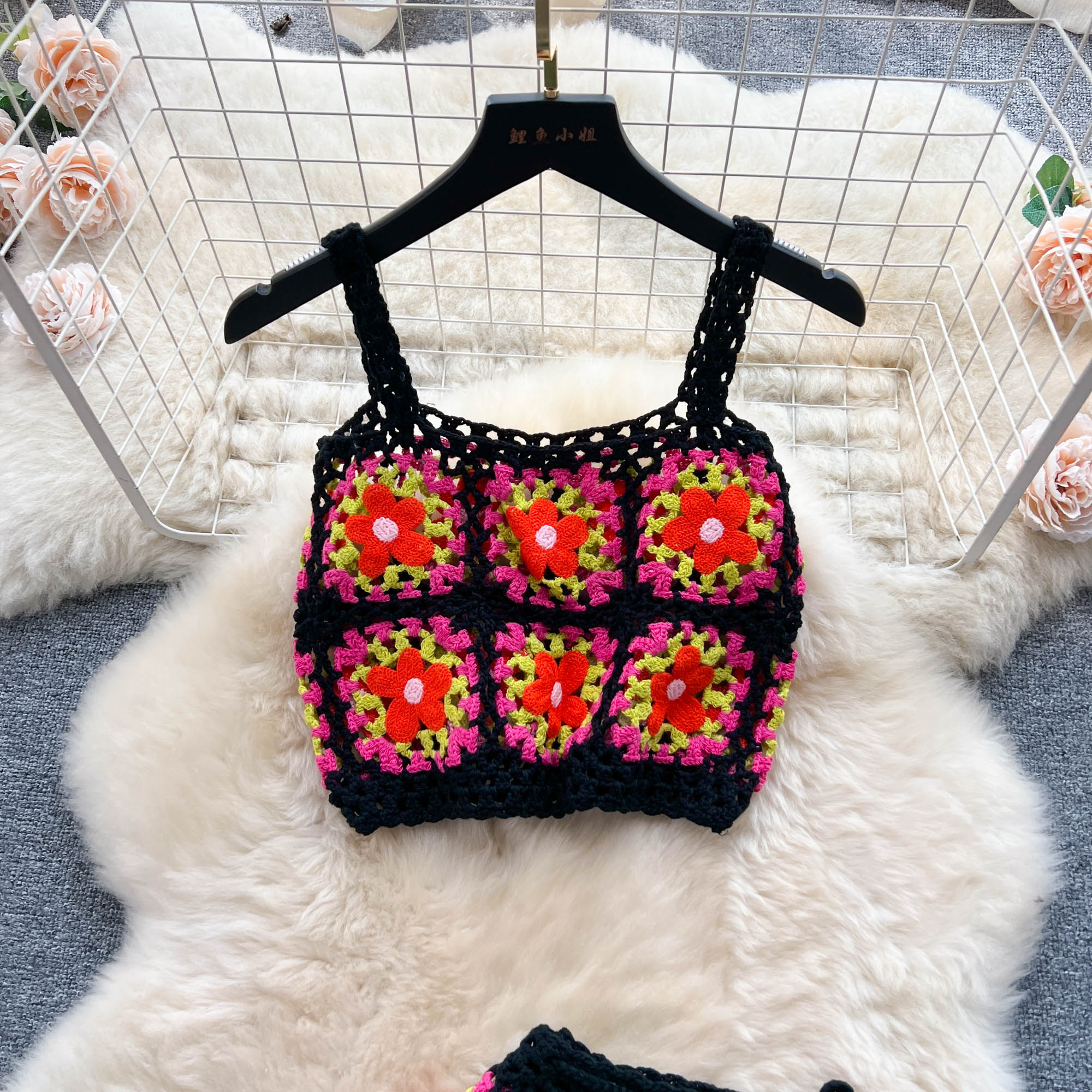 Two Piece Dress Hollow Out Bohemian Beach Sets Women Strap Floral Short Camisole+Sheer Long Skirt Knitted Vacation Two Pieces Suits 2024