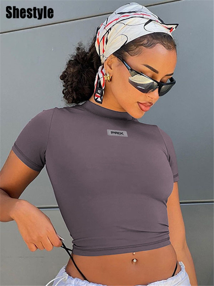 Womens TShirt Shestyle Short Sleeve Letter Mini Crop Tops Women Streetwear Tight Sjinny ONeck Artificial Artistic Casual Tees 230419
