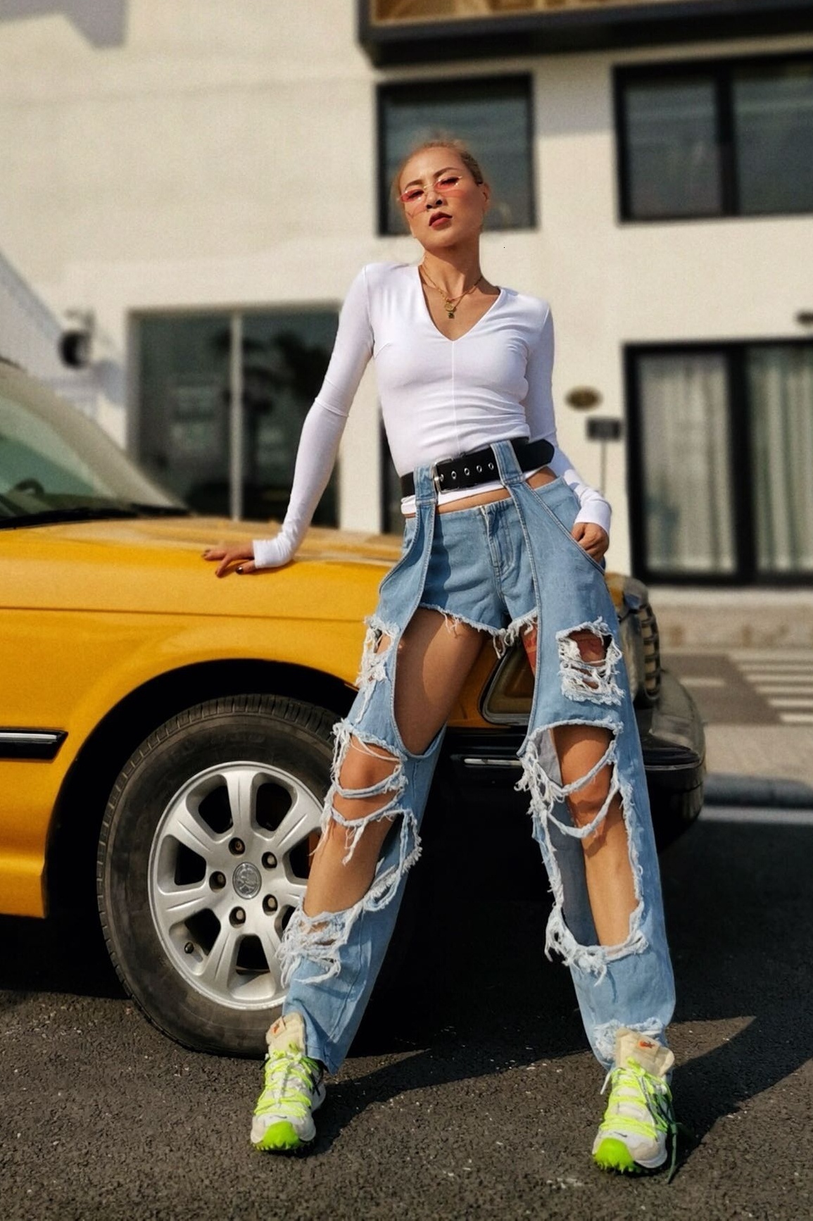 Women's Jeans GIGIYW Harajuku Style Personalized Belt Leggings Broken Beggar Hole High Waist Twopiece Street Jean Autumn 230419