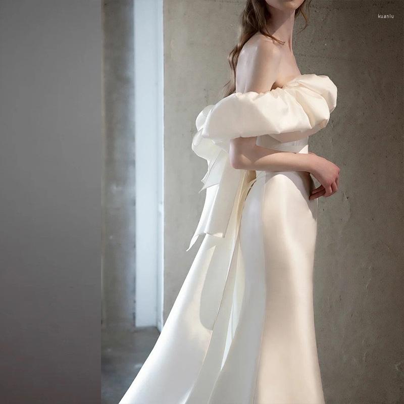 Casual Dresses White Sexy Slash Neck Evening Dress Tierred Bridal Wedding French Satin Mermaid Formal Party Women Chest Wrap