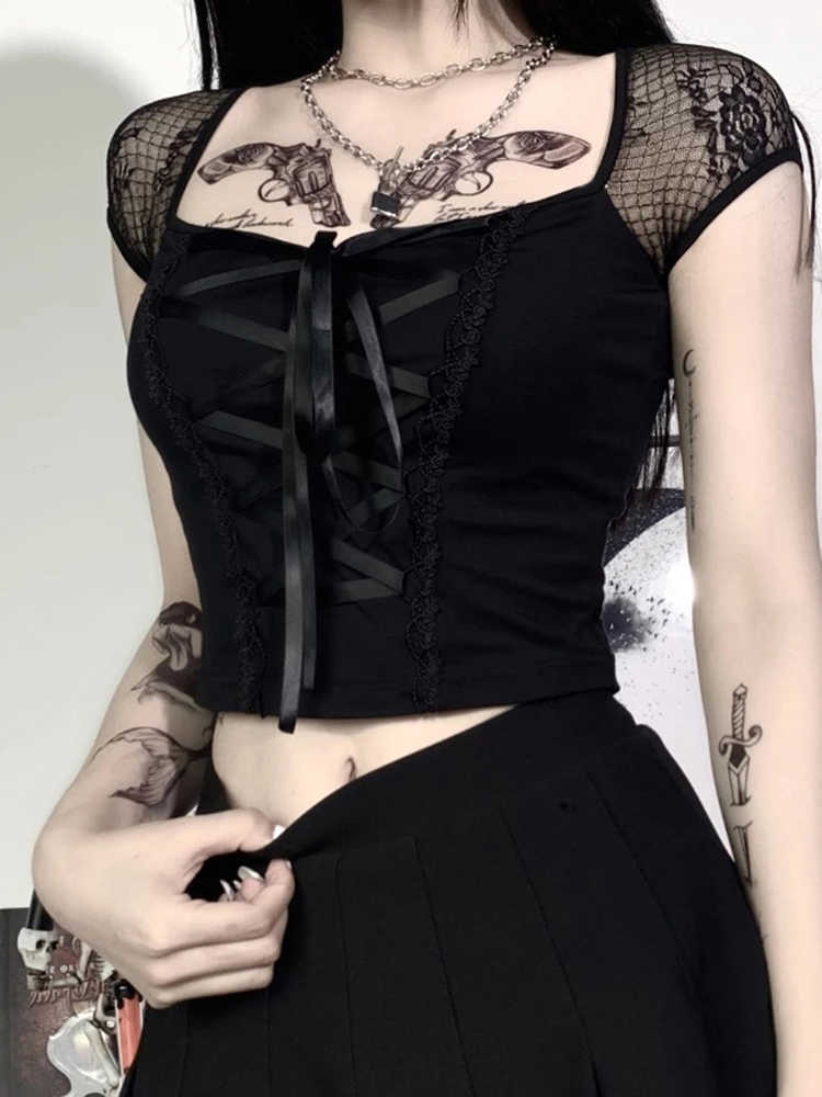 Women's T-Shirt Vintage Tops Goth Tshirt Women Bodycon Bandage Lace Black Tshirts Gothic Streetwear Sexy Female Top Casual Mesh Tee Z0418
Women's T-Shirt Vintage Tops Goth Tshirt Women Bodycon Bandage Lace Black Tshirts Gothic Streetwear Sexy Female Top Casual Mesh Tee Z0418