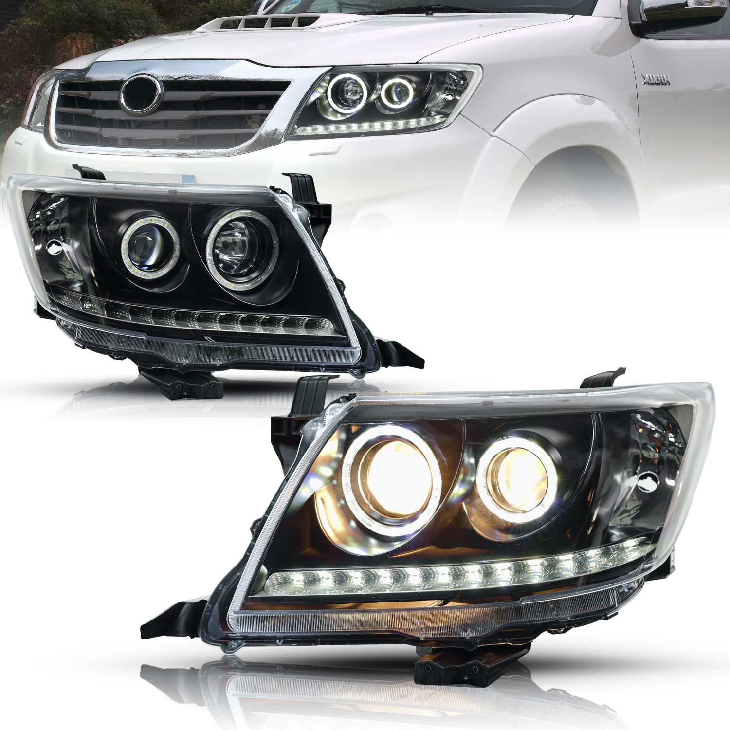 LED Headlight Bulbs for Toyota Hilux 2012-2014 LED Dual Beam Lens Running Lights DRL High Beam Headlights Assembly