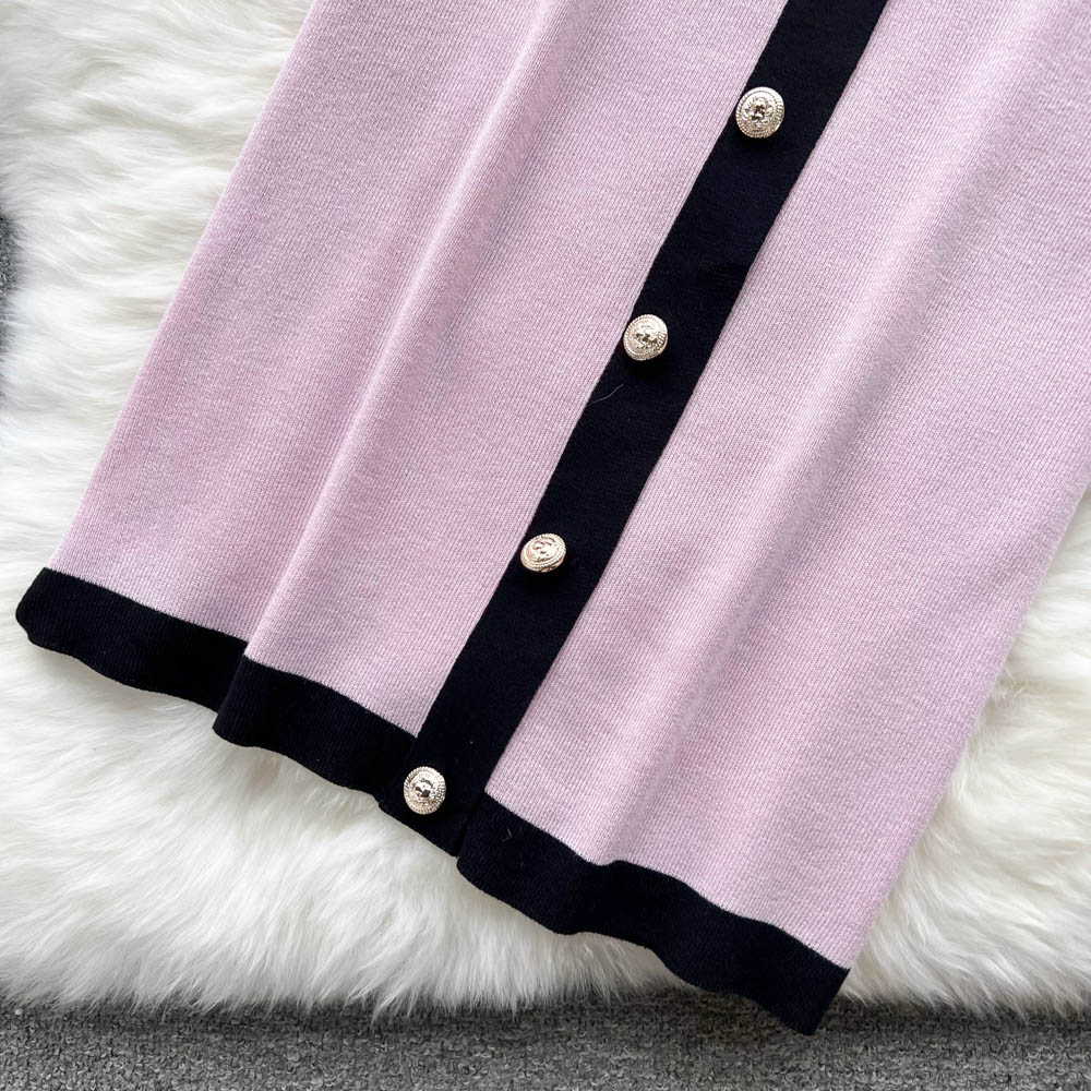 Two Piece Dress Gentle Knitted Summer Women Sets O Neck Tops+ Elastic Waist Button Fashion French Style Elegant Two Piece Set 2024