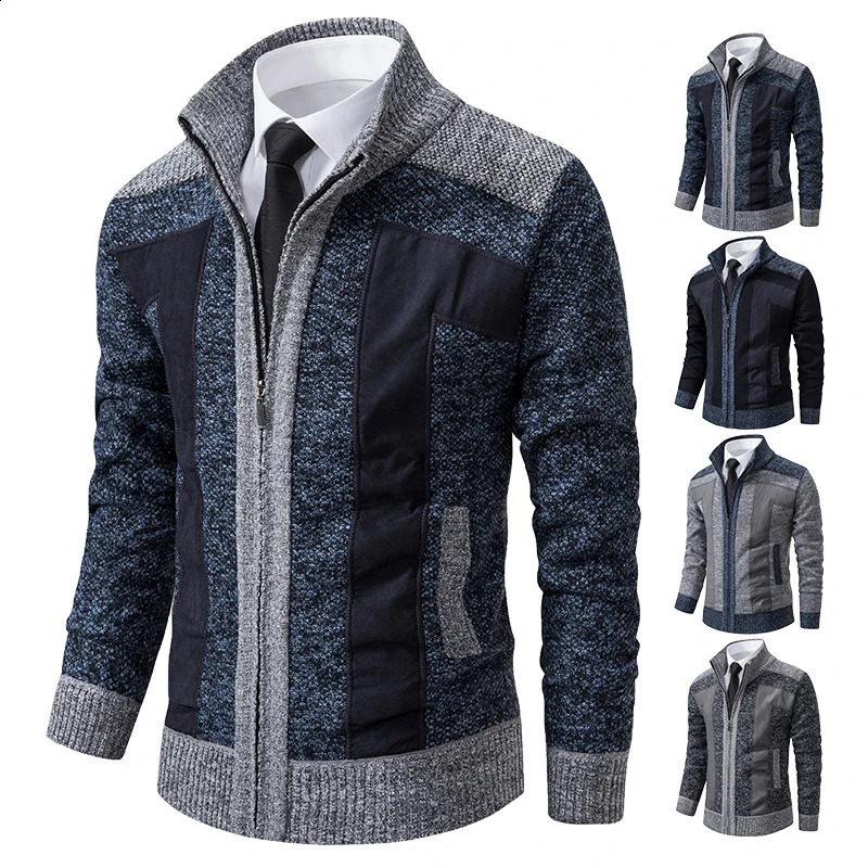 Men's Sweaters Winter Cashmere Sweater Korean Jumper Coat Knit Cardigan Stand Collar Loose Warm Fleece Casual Patchworked Jackets 231118