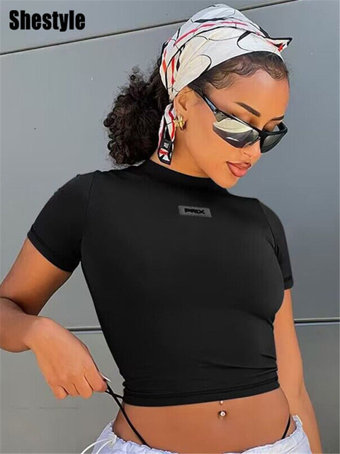 Womens TShirt Shestyle Short Sleeve Letter Mini Crop Tops Women Streetwear Tight Sjinny ONeck Artificial Artistic Casual Tees 230419