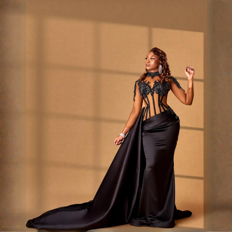 Long Sleeves Black Evening Dresses with Detachable Train Lace Appliqued Beaded Formal Party Gowns Prom Dress Aso ebi women beaded dresses