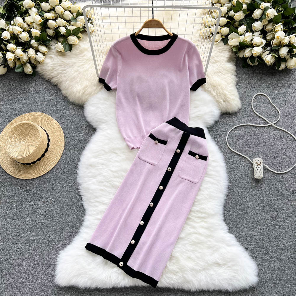 Two Piece Dress Gentle Knitted Summer Women Sets O Neck Tops+ Elastic Waist Button Fashion French Style Elegant Two Piece Set 2024