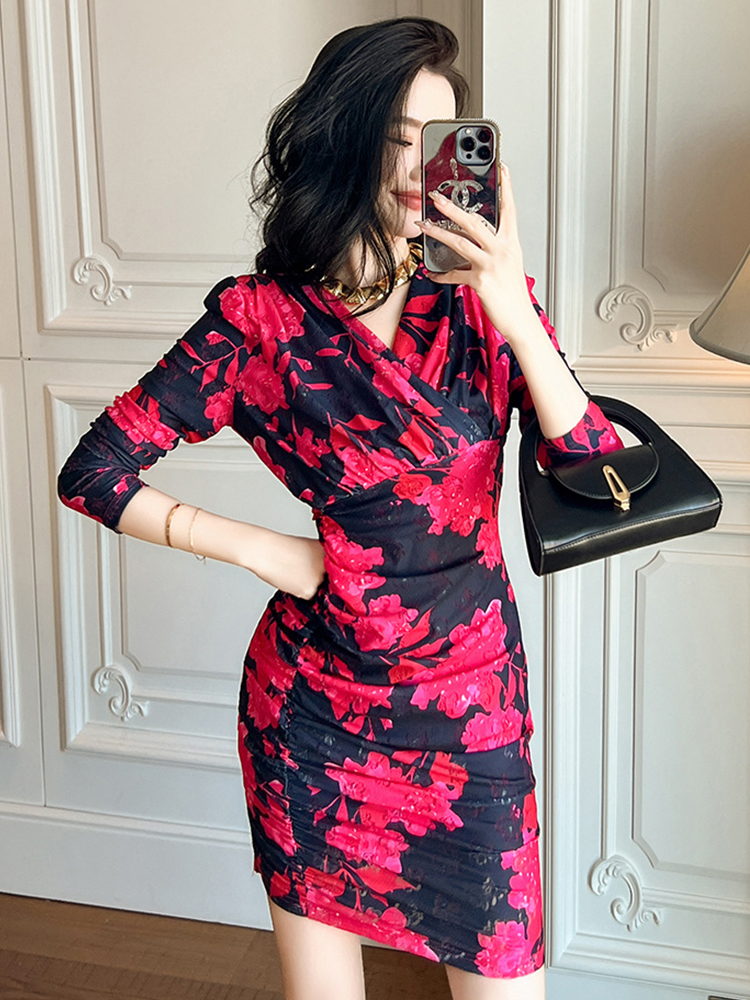 Casual Dresses Womens Fashion French Retro Mini Dress Woman Print Elastic Long Sleeve Pleated Wrap Hip Short Gown Bottom Bodycon Party Vestido