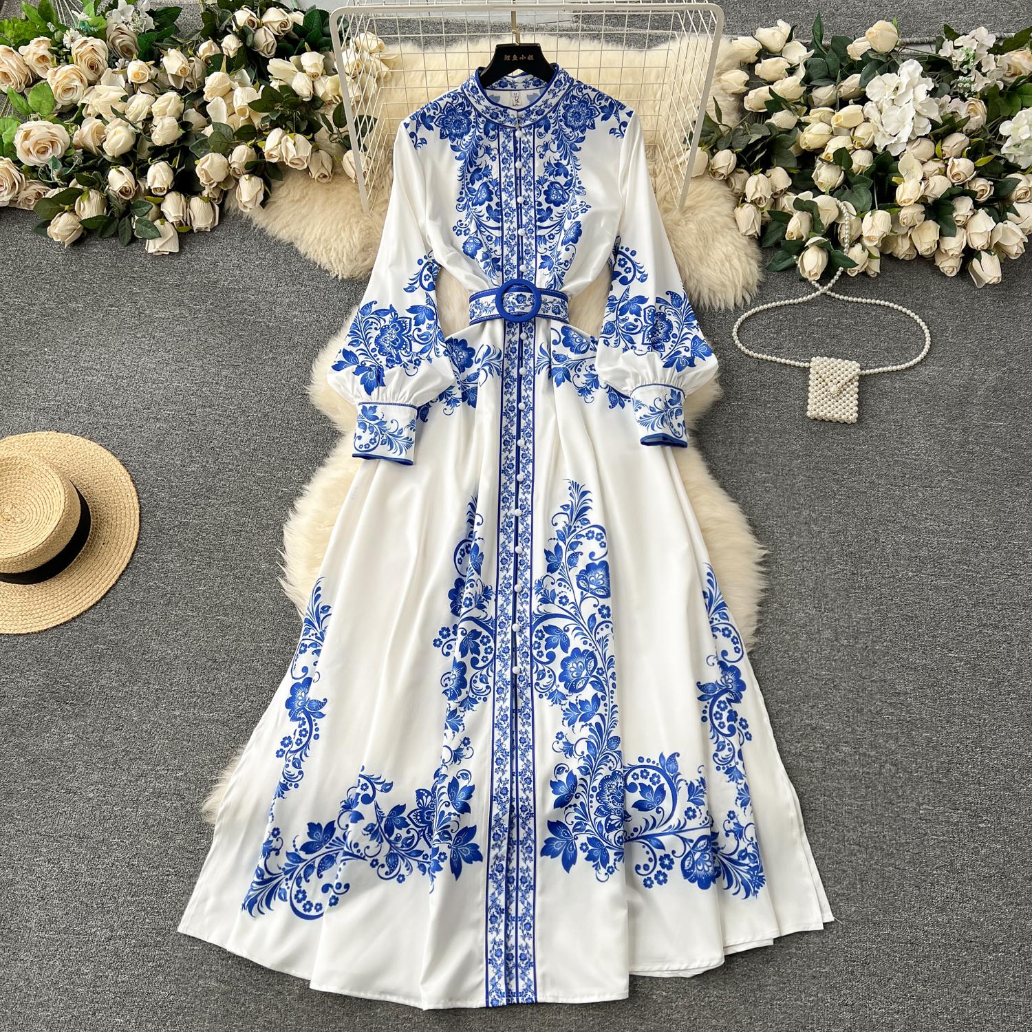 Dresses New Fashion Runway Red And White Porcelain Dress Women's Stand Long Lantern Sleeve Blue Ral Print Shirt Robe Vestidos