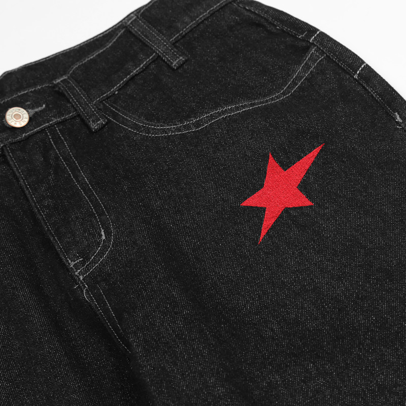 Mens Jeans Chic Star Letter Embroidery Black Hip Hop Men Straight Trousers Streetwear Male Baggy Denim Pants Fashion Spodnie 230419