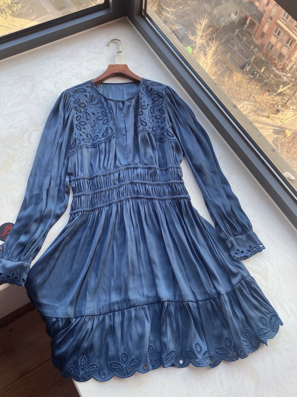 Casual Dresses Maje Round Neck Hollowed out Dress Long Sleeves Blue Short Dress for Women