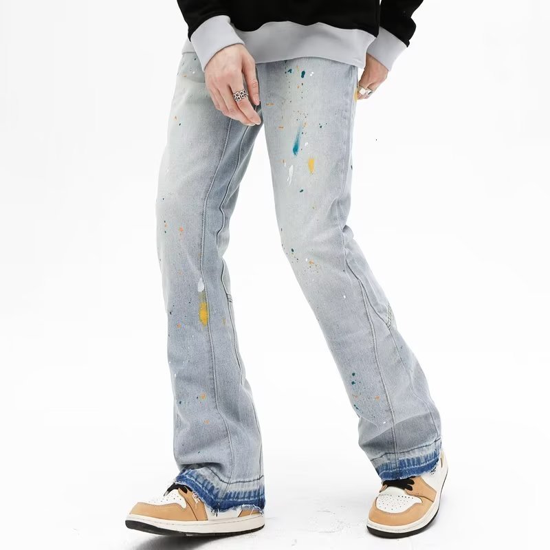 Mens Jeans Fashion Splash Ink Graffiti Vintage Baggy Men Flare Pants Elegant Washed Blue Hip Hop Denim Trousers Ropa Hombre 230419