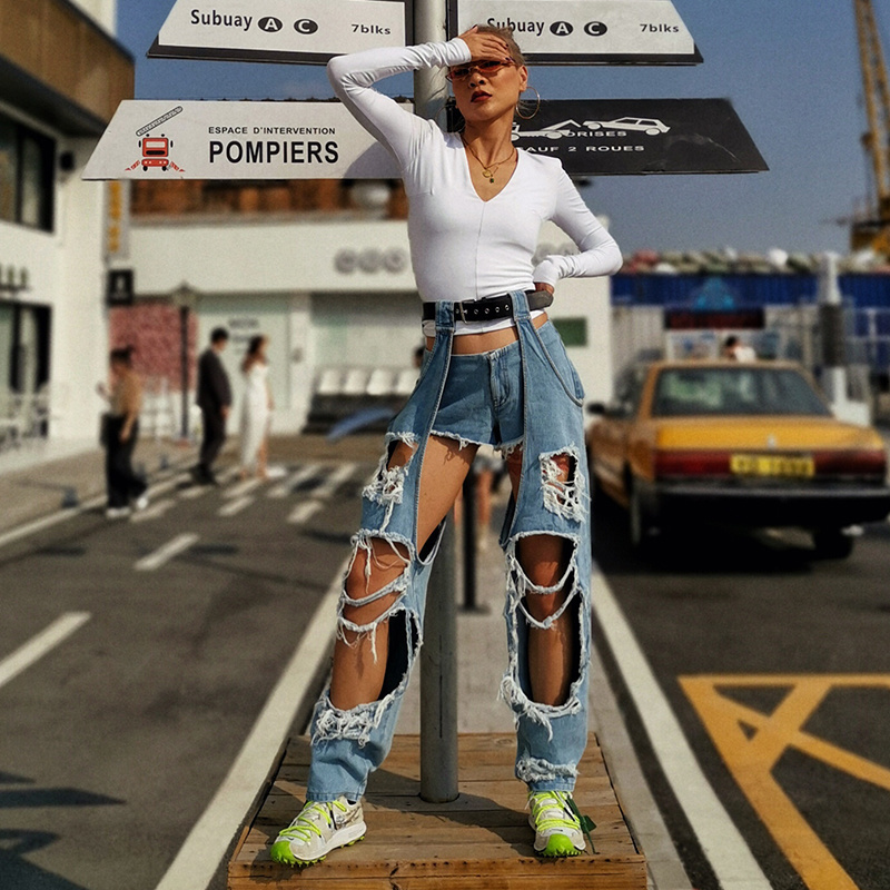 Women's Jeans GIGIYW Harajuku Style Personalized Belt Leggings Broken Beggar Hole High Waist Twopiece Street Jean Autumn 230419