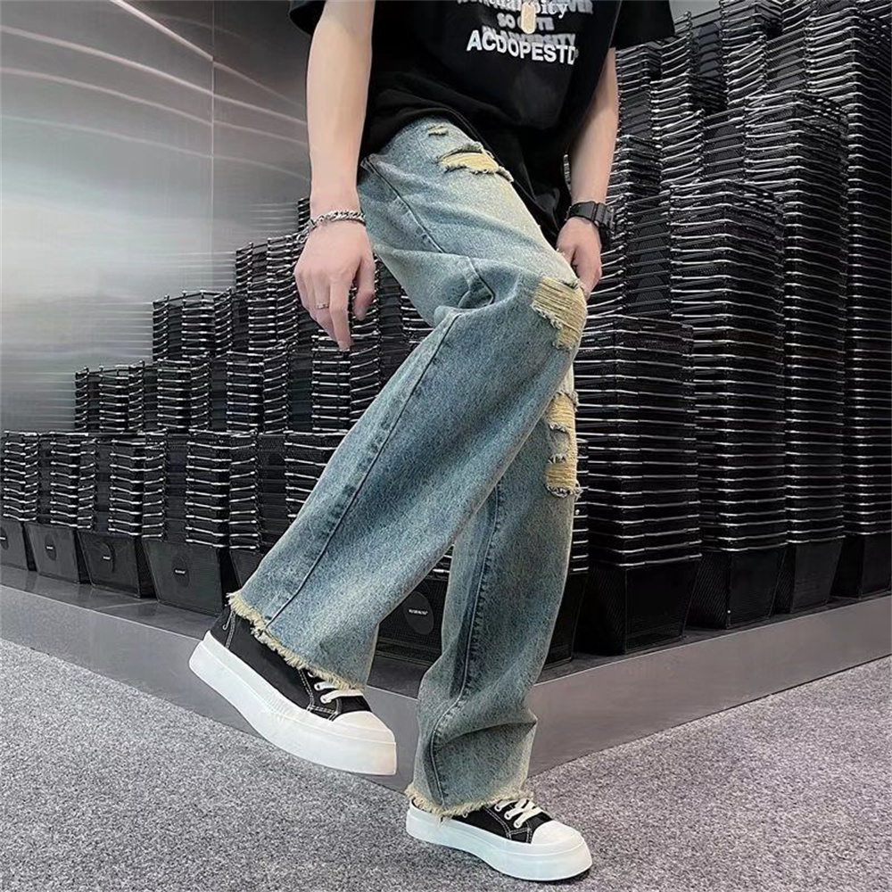 Mens Jeans streetwear ripped jean femme baggy denim for men Man casual wide leg pants jeans Male trousers mens pantalon 230419