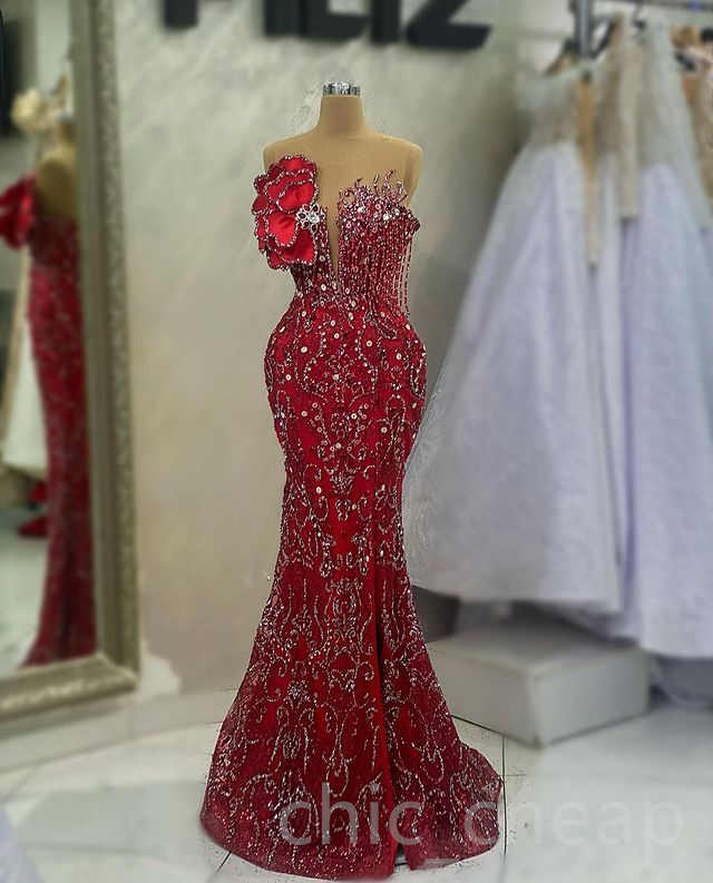 2023 Aso Ebi Mermaid Red Prom Dress Beaded Crystals Sexy Evening Formal Party Second Reception Birthday Engagement Gowns Dresses Robe De Soiree ZJ5816