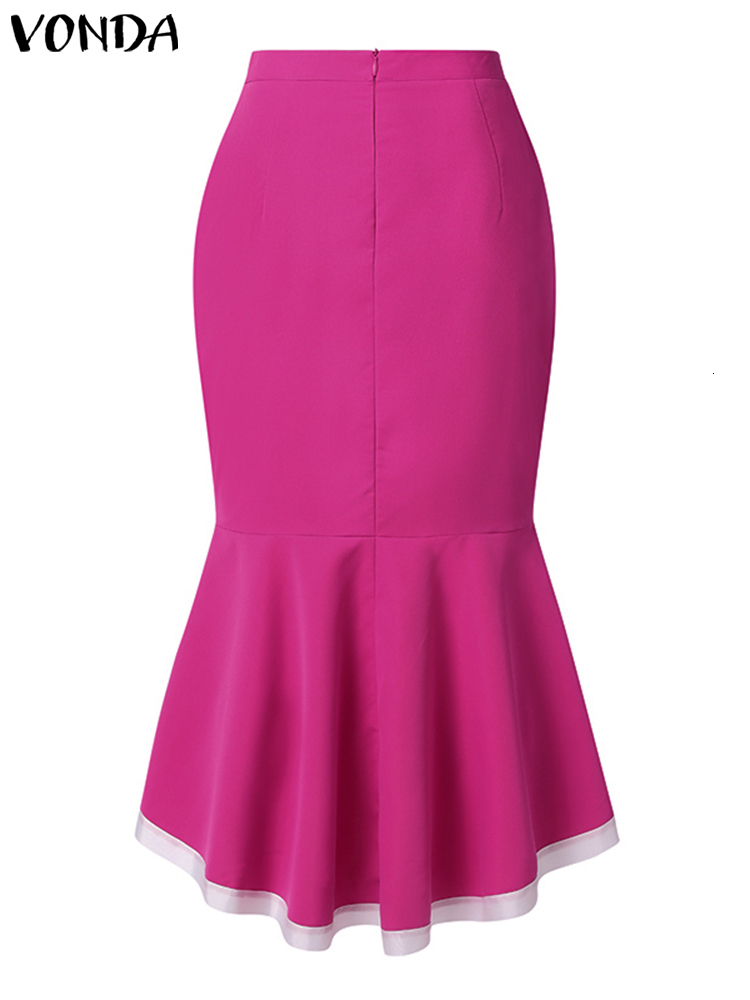 Skirts VONDA Elegant Office Skirt 2023 Women High Waist Ruffled Fishtail Party Sexy Zipper Casual Pleated Color Patchwork Bottom 230420