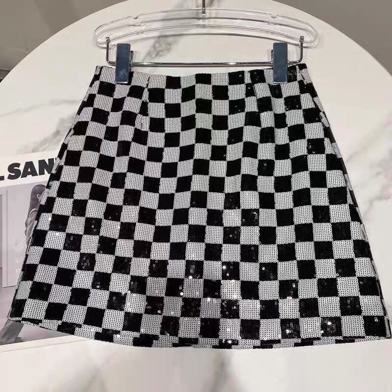 Skirts Spring Mini plaid Fashion Sequined white black Plaid 230420