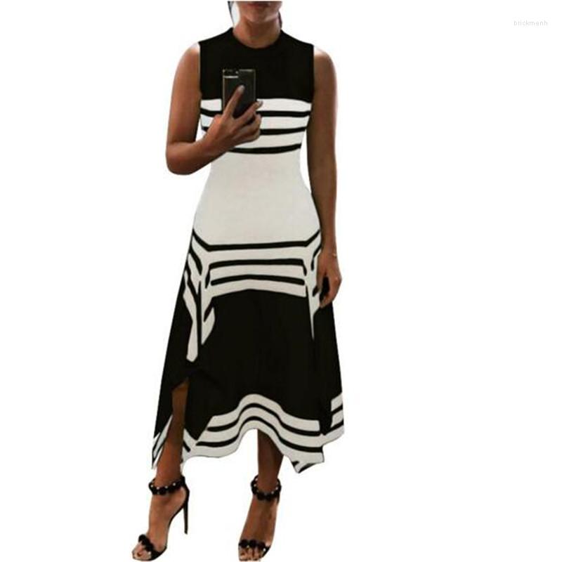 Casual Dresses Summer Dress Black And White Stripes Round Neck Slim Vestidos Stitching Women Bottom Long Robe Femme, As shown
Casual Dresses Summer Dress Black And White Stripes Round Neck Slim Vestidos Stitching Women Bottom Long Robe Femme, As shown
