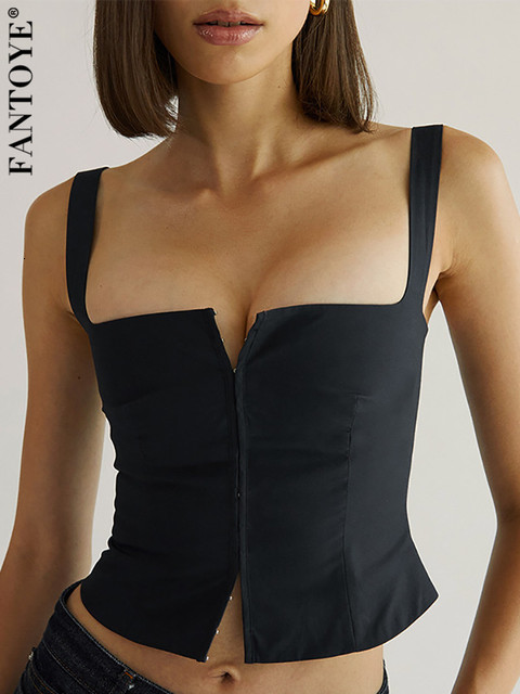 Women's Tanks Camis Fantoye Sexy Low Chest Cardigan Women Top Black Spaghetti Strap Metal Button Female Summer Spicy Girl Streetwear 230419