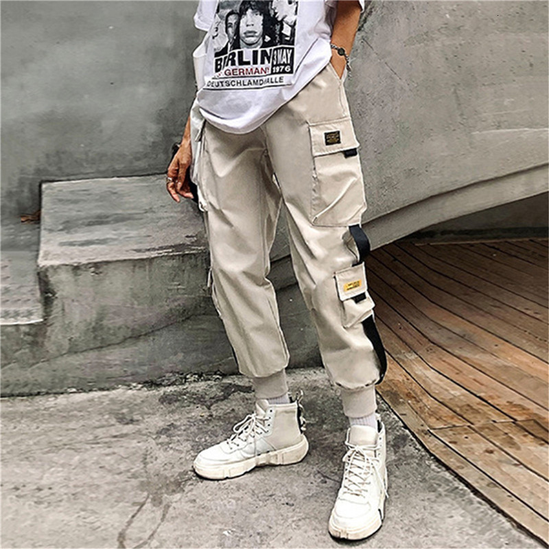 Women's Pants Cargo Black Ribbon Pocket Jogger Girls HipHop Streetwear Unisex Harajuku Punk Females Trousers Harem 230419