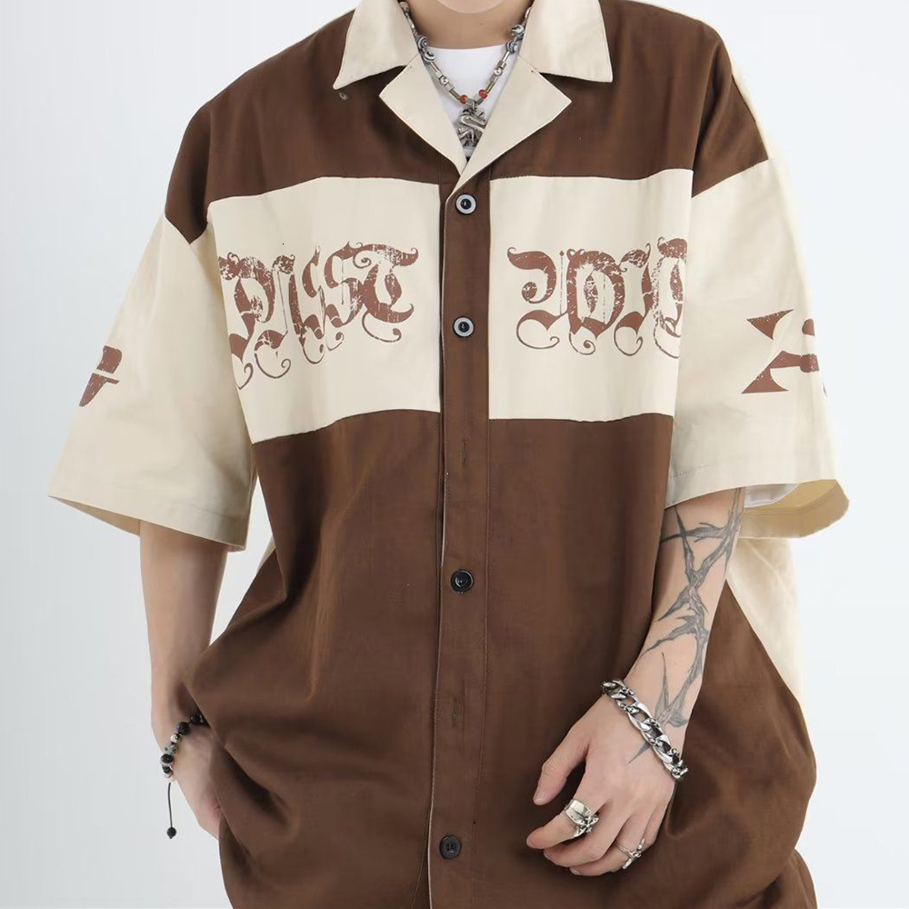 Men's Casual Shirts Summer Hiphop Y2K Lapel 2023 Fashion Color Contrast Splicing Tooling Loose Shortsleeved Top Clothing 230420
