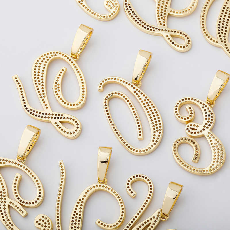 Large Thick Cursive Script Art Initial Letter Pendant Necklace Full Cz Stone Cubic Zirconia Personalized Asthetic A-z English Crystal Collier Jewelry 