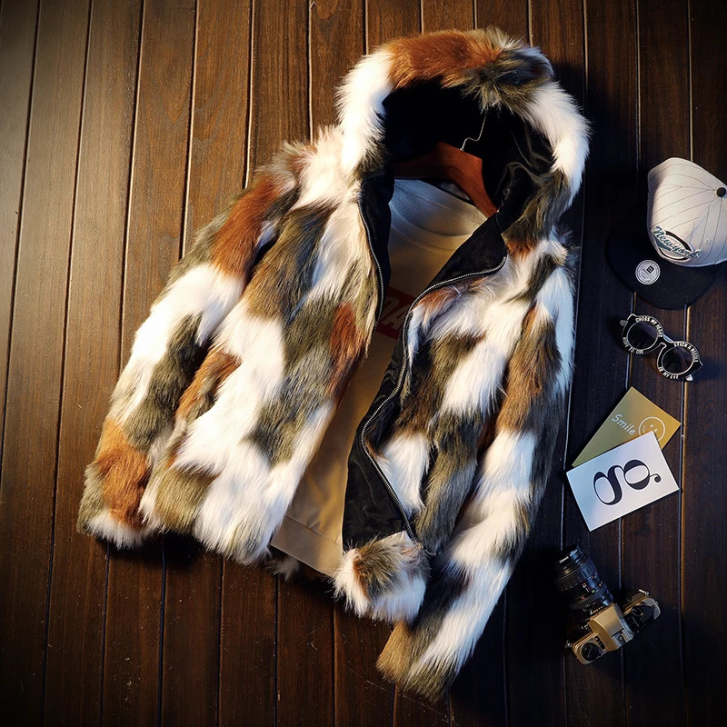 Men's Fur Faux Fur Winter Warm Plus Fleece Faux Fur Fox Fur Casual Mens Hooded Jacket Thick Boutique Fashionable Male Slim Coats Size S-5XL 23111 - view 5