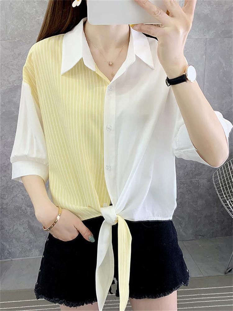 Women's Blouses & Shirts Solid Color Patchwork Asymmetrical Turn-down Collar Half Sleeve Button Casual Fashion Summer ClothingWo, Striped yellow
Women's Blouses & Shirts Solid Color Patchwork Asymmetrical Turn-down Collar Half Sleeve Button Casual Fashion Summer ClothingWo, Striped yellow