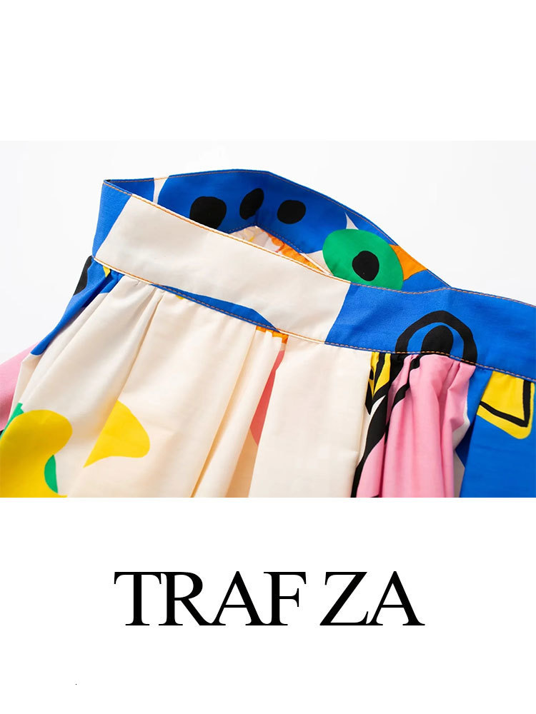 Two Piece Dress TRAFZA Women Print Skirts Set Straps Bustier Backless Slim Tank Tops High Waist Pleated Midi Skirt Female Streetwear 230419