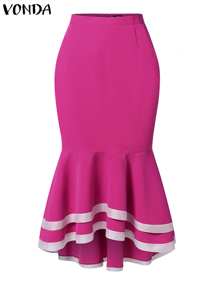 Skirts VONDA Elegant Office Skirt 2023 Women High Waist Ruffled Fishtail Party Sexy Zipper Casual Pleated Color Patchwork Bottom 230420
