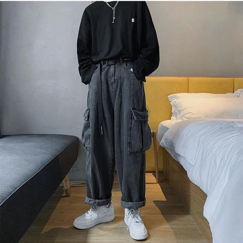 Mens Jeans HOUZHOU Baggy Trousers Male Denim Pants Black Wide Leg Loose Casual Korean Streetwear Hip Hop Harajuku 230420