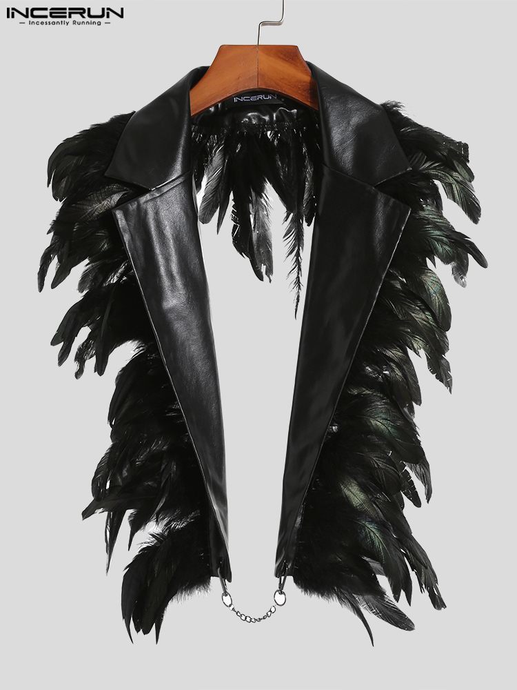 Men's Vests INCERUN Feather PU Leather Patchwork Fashion Backless Irregular Waistcoats Streetwear 2023 Lapel Sleeveless 230420