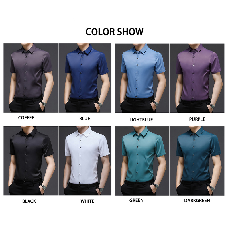 Men's Casual Shirts BROWON Summer Short Sleeve Shirt for Men New Slim Solid Color Men Clothing Fashion Smart Casual Turn-Down Collar Shirts Men 2