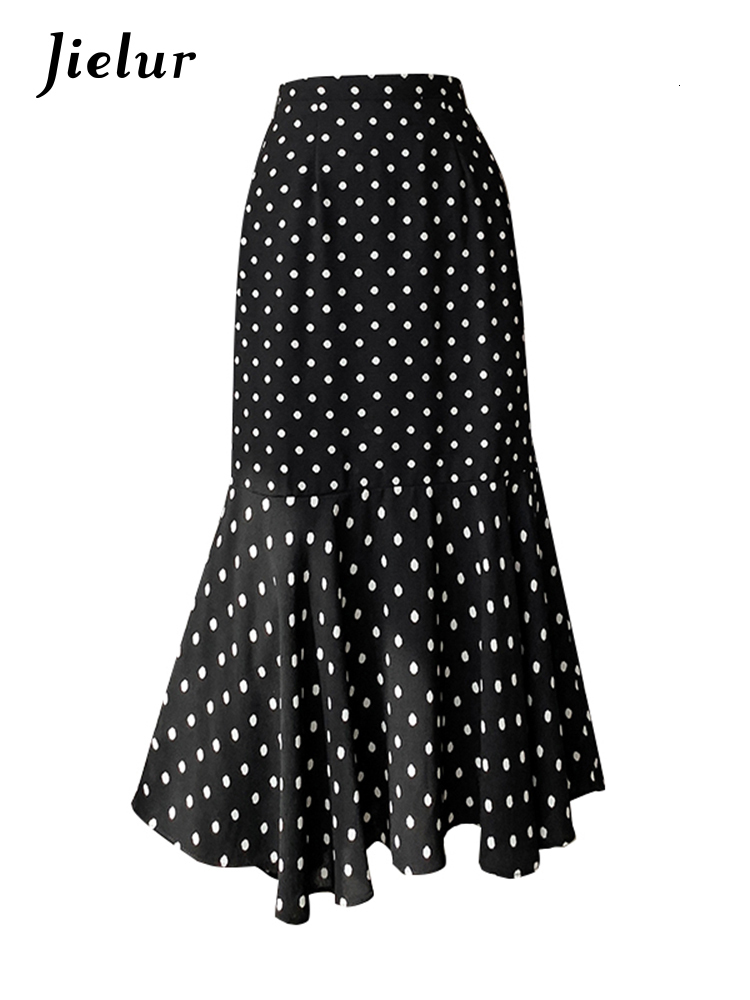 Skirts Jielur Summer Dot Trumpet Women's Elastic Waist Slim Chiffon Elegant Female Midi Skirt Slight Stretch Casual Streetwear 230420