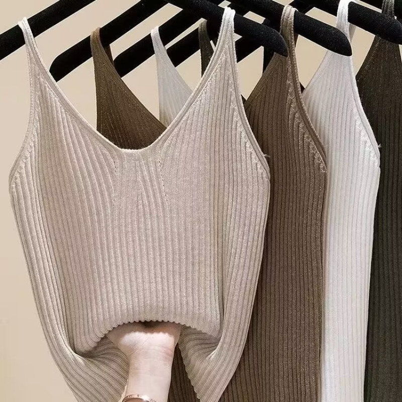 Camisoles Tanks Casual Knitted Sleeveless Camisole Women Summer Camis New Sexy V-neck Solid Color Sleeveless Camis Skinny Tops for Female 230420