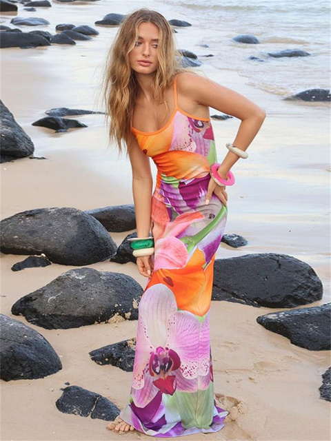 Casual Dresses Tossy Spaghetti Strap Lily Floral Slip Dress Summer Casual Printed Maxi Dresses Backless Bodycon Slim Boho Long Sundress 230420