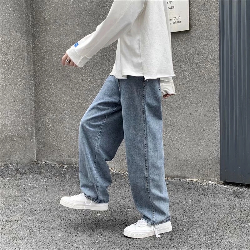 Mens Jeans Men Solid Drawstring Denim Full Length Straight Loose Males Allmatch Trendy Punk Baggy Retro Leisure Chic Cowboy Trousers 230420