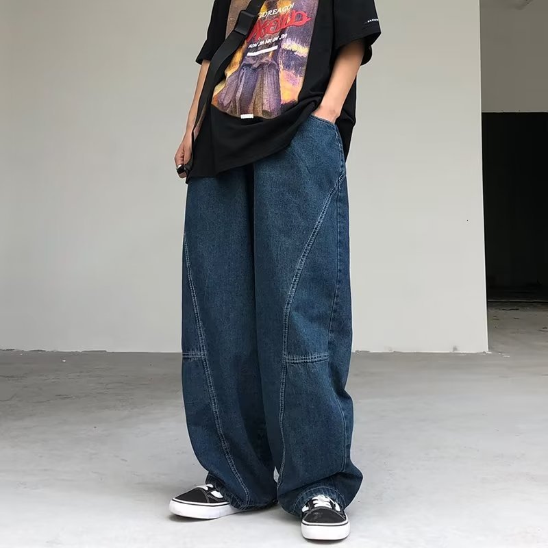 Mens Jeans Japanese Oversized Fashion Baggy Solid Color Casual Stitching Trousers Street Straight Harajuku Denim Pants 230420
